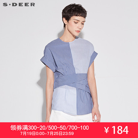 sdeer圣迪奥2018夏装新款甜美撞色条纹压褶拼接短袖衬衫S18260427商品大图