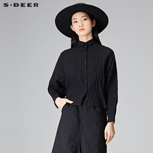 sdeer圣迪奥2018秋装复古抓皱肌理翻领蝙蝠袖宽松衬衫女S18180515