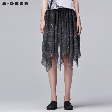 sdeer圣迪奥2018夏装裂纹印花不规则网纱松紧休闲半身裙S17281341商品大图