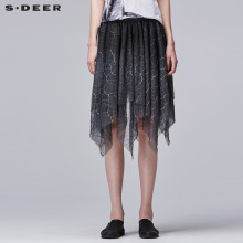 sdeer圣迪奥2018夏装裂纹印花不规则网纱松紧休闲半身裙S17281341图片