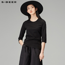 sdeer圣迪奥女装2018秋装简约休闲纯色套头圆领中袖T恤S18180221图片