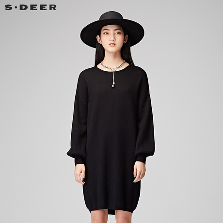 sdeer 圣迪奥复古休闲灯笼袖中长款直筒针织衫S17483561商品大图