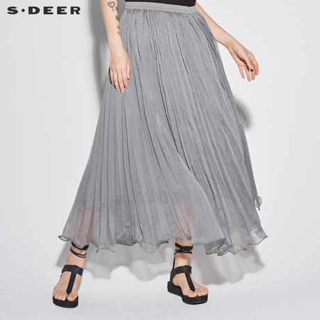 sdeer圣迪奥2018新女夏装松紧腰身褶裥大摆纯色半身裙S18281124商品大图