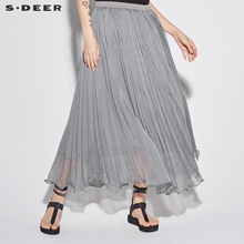 sdeer圣迪奥2018新女夏装松紧腰身褶裥大摆纯色半身裙S18281124图片