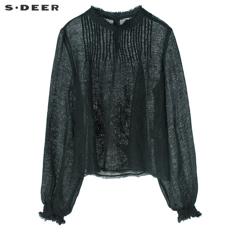 sdeer圣迪奥2018秋装套头圆领荷叶绣花短款长袖亚麻衬衫S18180523商品大图