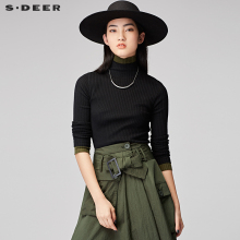 sdeer圣迪奥女装时尚修身竖纹肌理撞色拼接打底针织衫S17483552图片