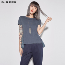 sdeer圣迪奥休闲蓝白条纹拼接圆领不规则摆全棉短袖T恤S18280136图片