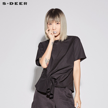 sdeer圣迪奥2018女装夏装套头圆领不规则摆搭片短袖衬衫S18280418图片