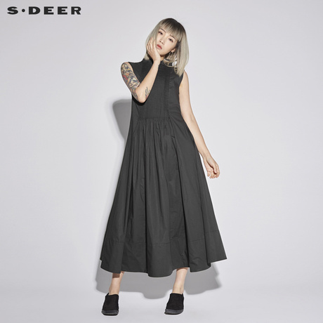 sdeer 圣迪奥 女装素黑复古风琴褶拼接A版连衣裙S18281276商品大图