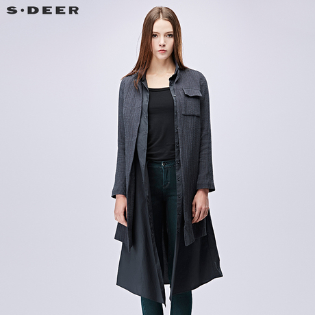 sdeer圣迪奥2018秋装简约肌理棉麻拼接假两件风衣外套女S17181801商品大图