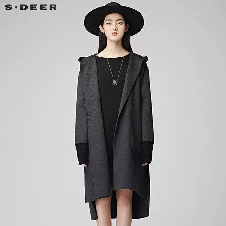 sdeer 圣迪奥休闲纯色防风连帽开叉底摆毛呢大衣S17481861商品大图