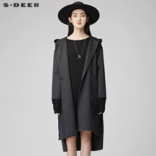 sdeer 圣迪奥休闲纯色防风连帽开叉底摆毛呢大衣S17481861图片