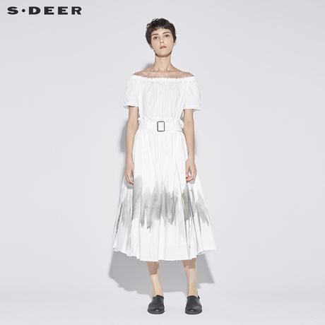 sdeer 圣迪奥素白优雅木耳边U领高腰水墨晕染褶裥连衣裙S18281272商品大图