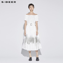 sdeer 圣迪奥素白优雅木耳边U领高腰水墨晕染褶裥连衣裙S18281272图片