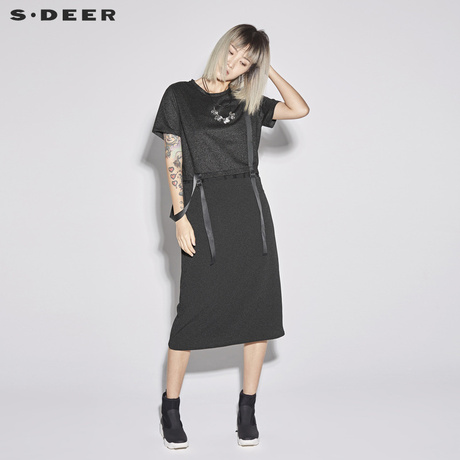 sdeer圣迪奥2018新款女夏装圆领拼接条纹飘带直筒连衣裙S18281260商品大图