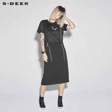 sdeer圣迪奥2018新款女夏装圆领拼接条纹飘带直筒连衣裙S18281260图片
