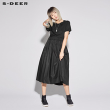 sdeer圣迪奥2018夏装新款褶裥拼接短袖长款大摆连衣裙女S18281265图片