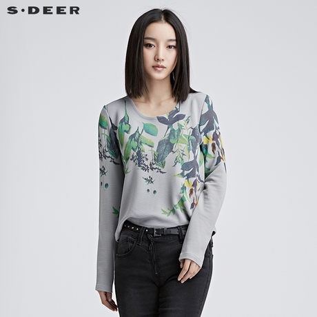 sdeer圣迪奥女装2018冬装细腻笔触勾勒草木印花上衣T恤S16480259商品大图