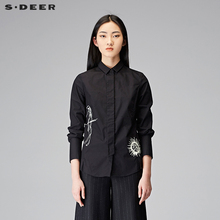 sdeer圣迪奥2018春装酷黑个性抽象印花方领长袖全棉衬衫Y17480501图片