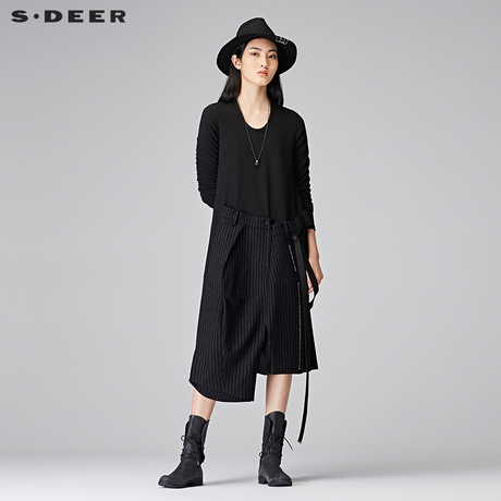 sdeer圣迪奥2017冬装新款帅气毛呢拼接飘带不规则连衣裙S17481216商品大图