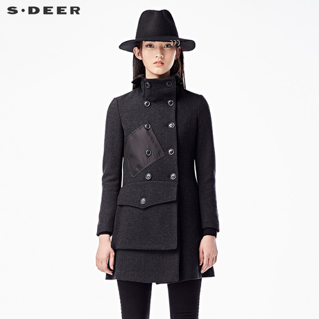 sdeer圣迪奥女装2017冬装双排扣立领大口袋毛呢大衣外套S15481807商品大图
