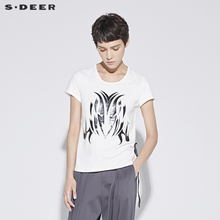 sdeer圣迪奥简约圆领抽象印胶字母飘带装饰短袖T恤S18280190图片