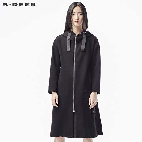 sdeer圣迪奥2018秋装酷黑拼接涂鸦印花连帽飘带风衣外套S17381842商品大图