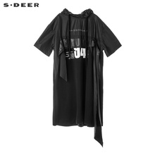 sdeer圣迪奥2018秋装新款连帽抽绳撞色字母拼接连衣裙女S18381218图片