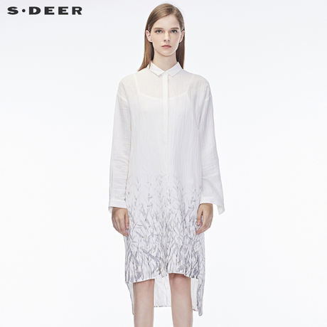 sdeer圣迪奥素白清雅肌理质感撞色植物图案开衩设计上衣S18380540商品大图