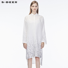sdeer圣迪奥素白清雅肌理质感撞色植物图案开衩设计上衣S18380540图片