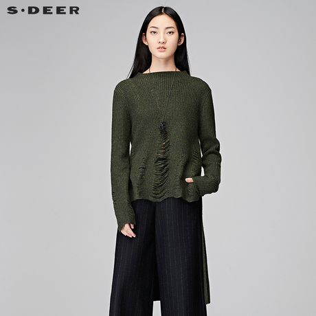 sdeer圣迪奥2017冬装新款时尚破洞竖纹肌理长短摆针织衫S17483554商品大图