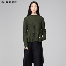 sdeer圣迪奥2017冬装新款时尚破洞竖纹肌理长短摆针织衫S17483554图片