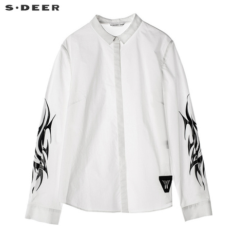 sdeer圣迪奥撞色神秘图案印花装饰暗门襟翻领女式衬衫S18380536商品大图