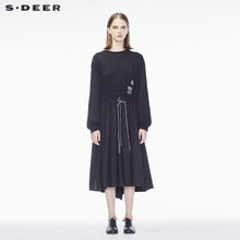 sdeer圣迪奥女休闲甜美圆领松紧抽褶撞色绣花长袖连衣裙S18361235图片