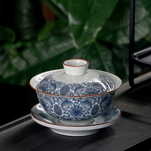 包邮 陶瓷功夫茶具泡茶盖碗三才复古青花茶备满印仿旧大号家用手抓