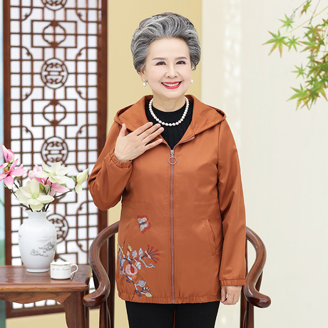 秋装风衣外套50-60中老年女装宽松长袖上衣奶奶韩版绣花连帽夹克商品大图