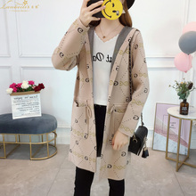 女装秋装2018新款开衫口袋韩版系带中长款连帽针织外套女装针织衫图片