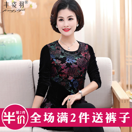 中年女加绒打底衫中长款40-50岁妈妈秋装金丝绒连衣裙长袖中老年商品大图