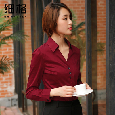 加绒衬衫女职业长袖正装寸衫女V领工作服修身显瘦工装酒红色衬衣