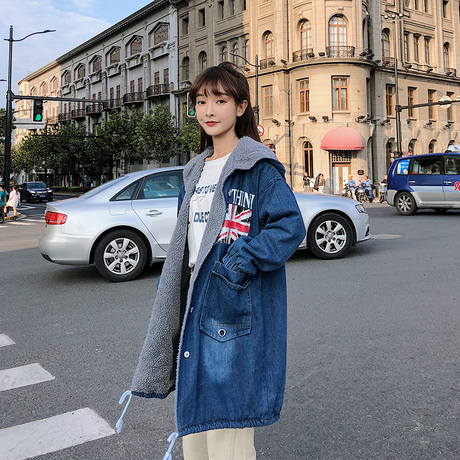 2018冬季新款韩版女装中长款高中学学生羊羔绒秋冬牛仔外套商品大图