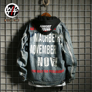 复古潮牌牛仔外套男字母印花破洞夹克原宿风BF学生嘻哈宽松牛仔衣