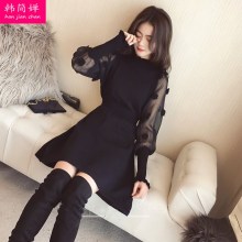 2018秋冬季新款女装韩版中长款蕾丝网纱加厚修身打底长袖连衣裙子图片