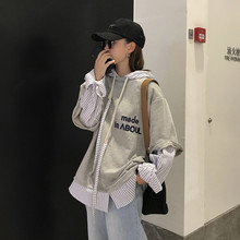 秋装韩版套头上衣连帽刺绣字母长袖假两件卫衣外套学生百搭女装潮图片