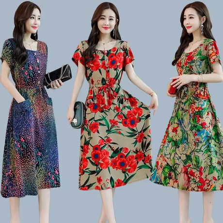 姿三彩 中老年女装绵绸连衣裙中年妈妈装短袖大码中长款花裙子夏商品大图