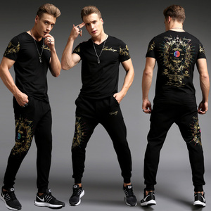 【两件套】夏季青年花t恤运动休闲套装潮流男装烫金短袖体恤+长裤
