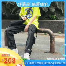 VEVICI暗黑机能风国潮口袋拉链裤飘带休闲宽松直筒战术工装裤子男