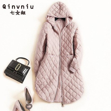 2018秋冬新款女装羽绒服欧美时尚连帽长袖淑女风纯色长外套商品大图
