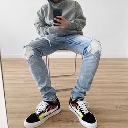 amiri风格膝盖破坏拼接PU补丁高街BIKER机车修身弹力小脚蓝色牛仔