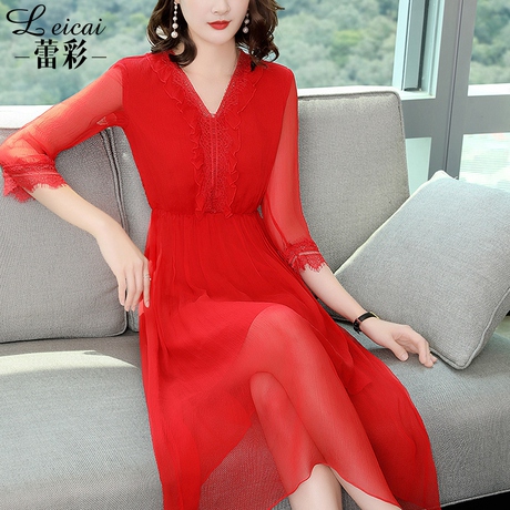 中长款桑蚕丝真丝连衣裙2019夏新款女七分袖修身夏装a字裙子3418商品大图
