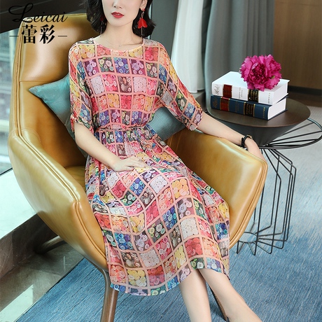 桑蚕丝真丝连衣裙女夏2019新款印花收腰显瘦中长款两件套裙子3759商品大图